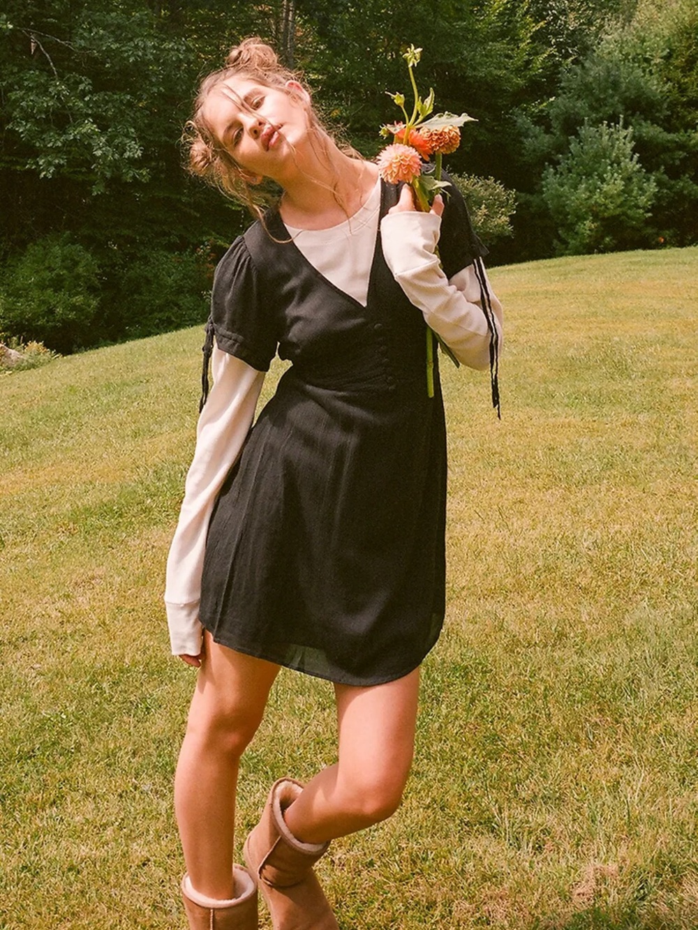 Urban Outfitters Black V-Neck Short Sleeve Button-Trim Dress